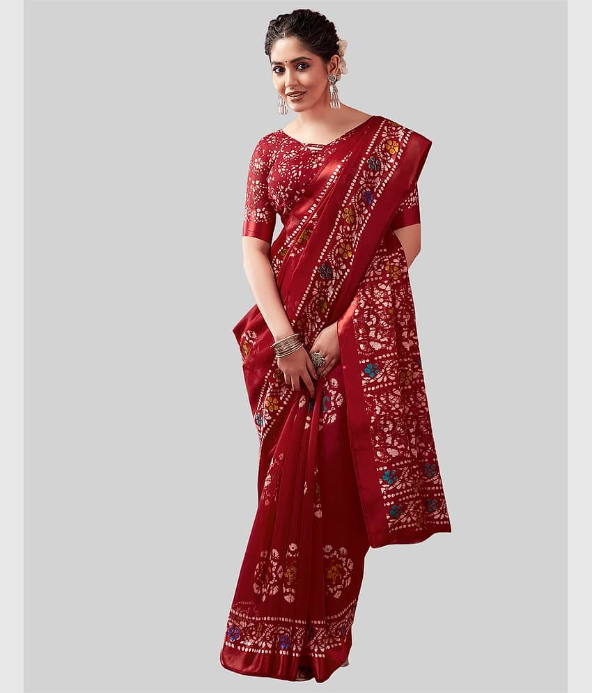 Samah Cotton Blend Printed Saree With Unstitched Blouse Piece ( Red )