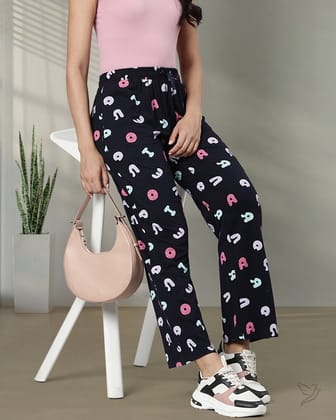 Printed Knitted Palazzo Pants - Navy Classic-S / Navy Classic
