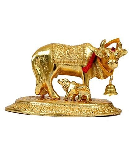 DreamKraft Metal Kamdhenu Cow And Calf Statue (Gold, Standard)
