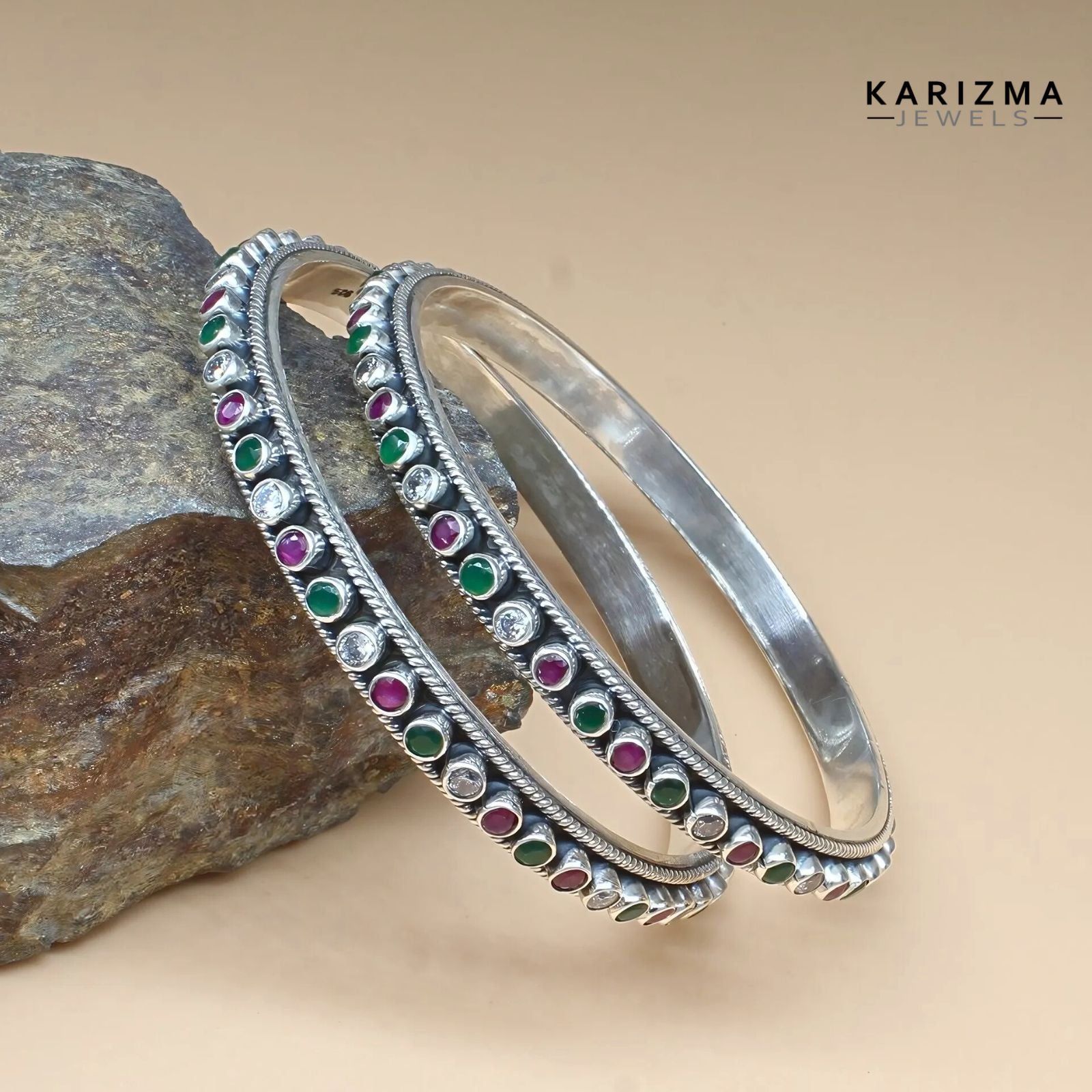 Real 925 Silver Multi CZ Women Oxidized fabulous Bangles Pair - 6 CM