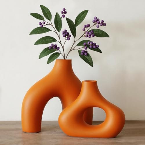 Ceramic Donut Vase 5.4 & 7.7 Inch - Set of 2 | Decorative Unique Modern Vase for Dried Flowers & Pampas Grass |