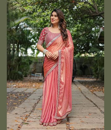 TTH Organza Embellished Regular Saree With Unstitched Blouse Piece ( Peach )