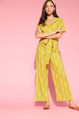 Mustard Cotton Abstract Print Jumpsuit VJMP1029