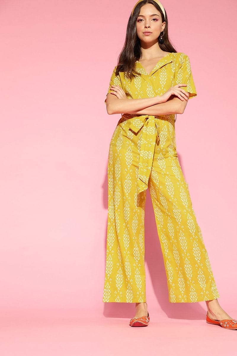 Mustard Cotton Abstract Print Jumpsuit VJMP1029
