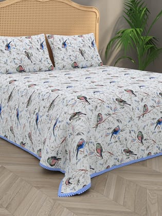 Quilted Floral Printed Reversible Bedcover with 2 Pillow Covers-Double King (90X108 Inches)