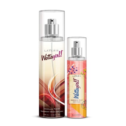 Layerr Wottagirl Vanilla Twist & Mandarin Twist Body Mist Combo for Women, 135ml + 60ml | Long-Lasting Sweet Vanilla & Fruity Floral Fragrance | Everyday Freshness | IFRA Certified Layerr Wottagirl Vanilla Twist & Mandarin Twist Body Mist Combo for Women