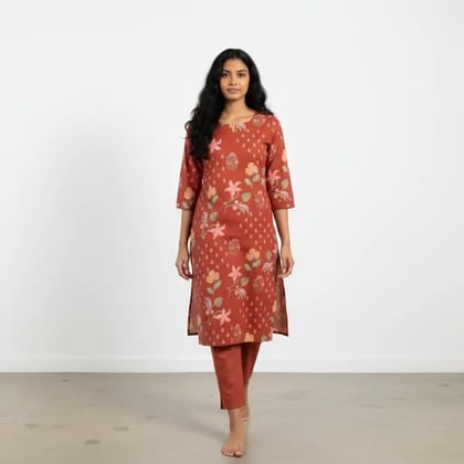Rust Orange Screen-Print Cotton Kurti with Matching Trousers