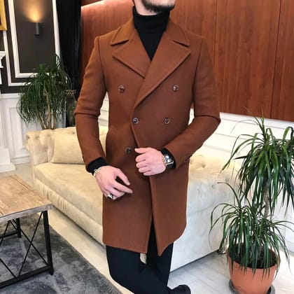 Frost Slim Fit Tan Double Breasted Wool Over Coat by ITALIAN VEGA®-S-36