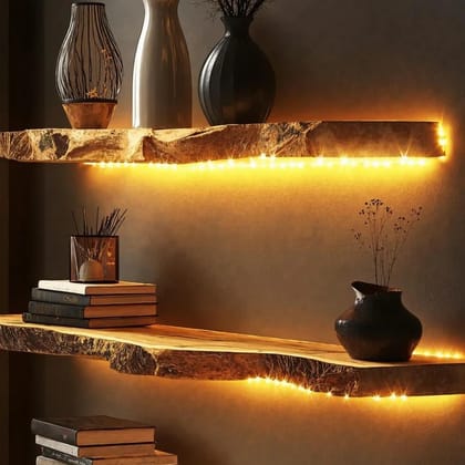 SahajHast Live Edge Wall Shelves with Integrated LED Lighting Rustic Wood Shelf for Ambient Decor & Cozy Spaces - ( Size - 36" ) SahajHast Live Edge Wall Shelves with Integrated LED Lighting Rustic Wood Shelf for Ambient Decor & Cozy Spaces - ( Size - 36" )