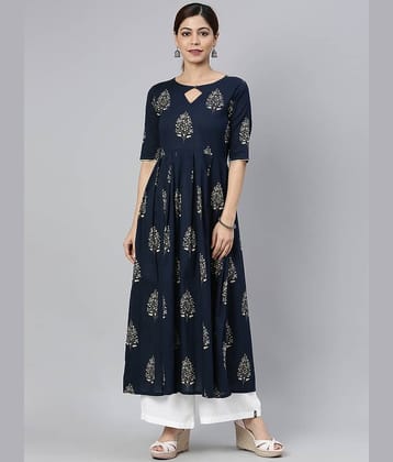 Vaamsi Cotton Printed A-line Women's Kurti - Navy Blue ( Pack of 1 )