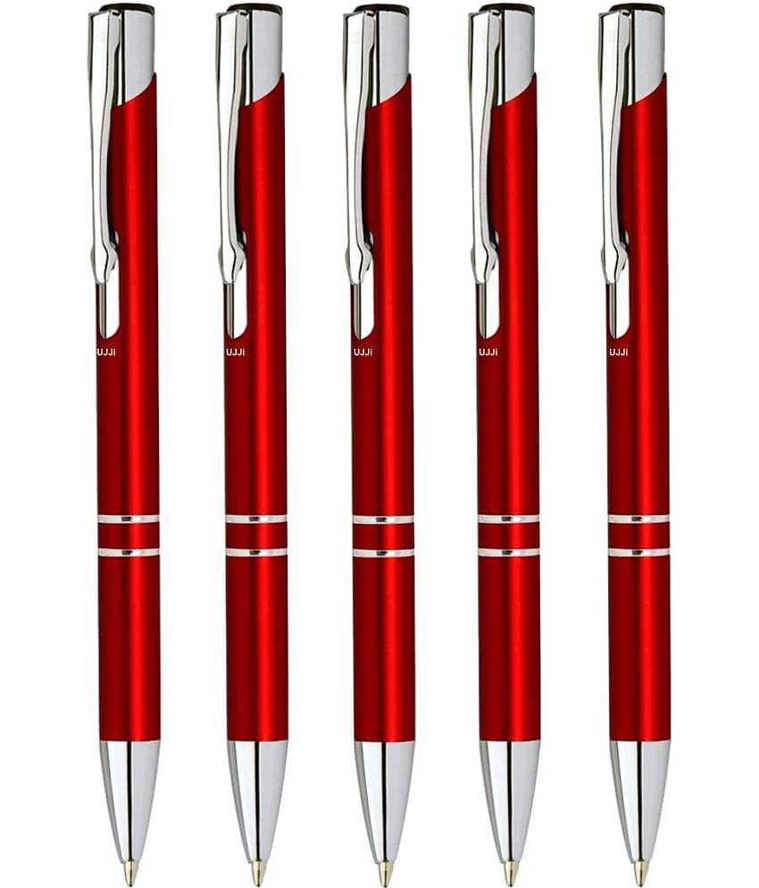 UJJi Gloss Red Color Retractable Pack of 5pcs (Blue Ink) Ball Pen