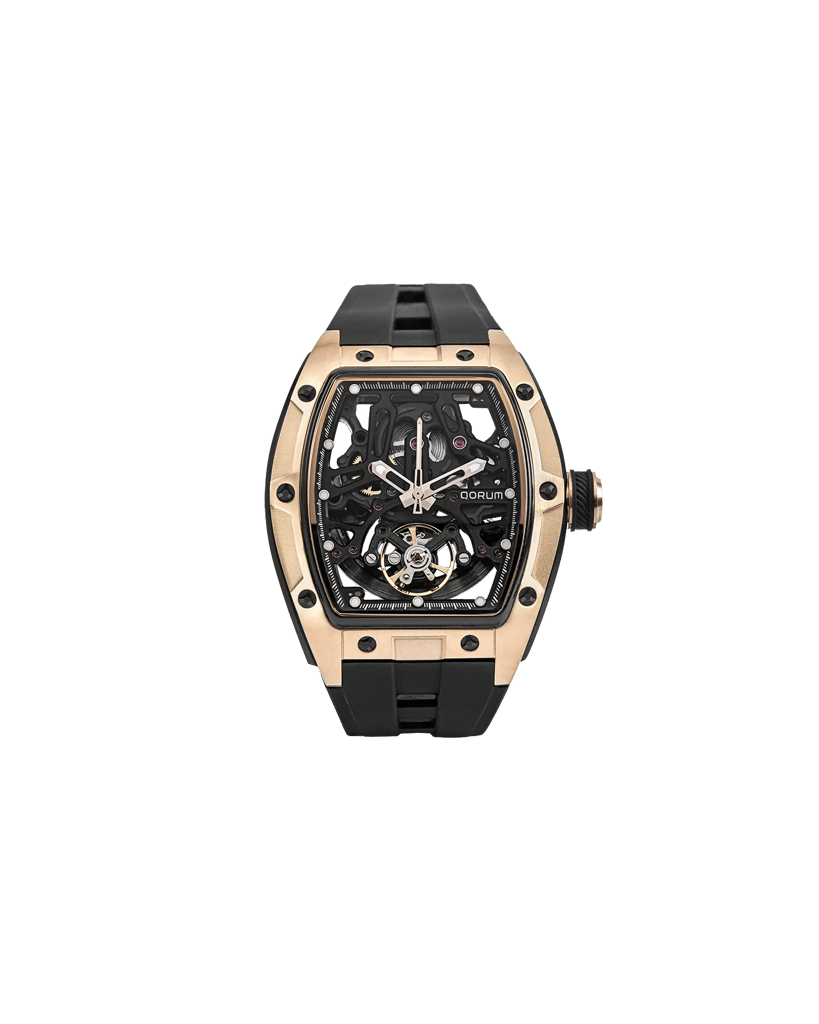 Qorum Equinox Men’s Multi-Function Skeleton Watch – Black Dial, Rose Gold Detailing, Black Silicon Strap