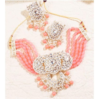 Gold Toned Kundan and Pink Beaded Choker Set for Women