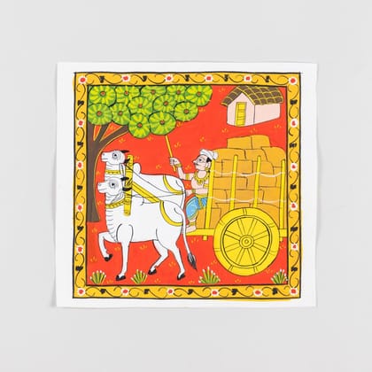 Eyaas Cheriyal Painting of Man Riding Bullock Cart in Traditional Folk Style