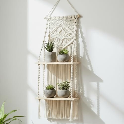 Wall Hanging Shelf Chic Decor Wood Floating Boho Shelves with Wooden Dowel Hand Woven Bohemian Decor for Apartment
