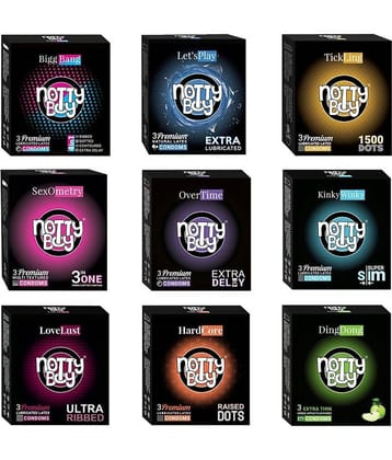 NottyBoy Honeymoon Mix Combo Pack Condom - 1500 Dots, Extra Lubricated, Extra Delay, Super Thin, Ultra Ribbed, Raised Dots, and Fruits Flavoured Condoms - (Set of 9, 27 Sheets)