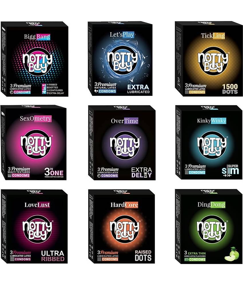 NottyBoy Honeymoon Mix Combo Pack Condom - 1500 Dots, Extra Lubricated, Extra Delay, Super Thin, Ultra Ribbed, Raised Dots, and Fruits Flavoured Condoms - (Set of 9, 27 Sheets)