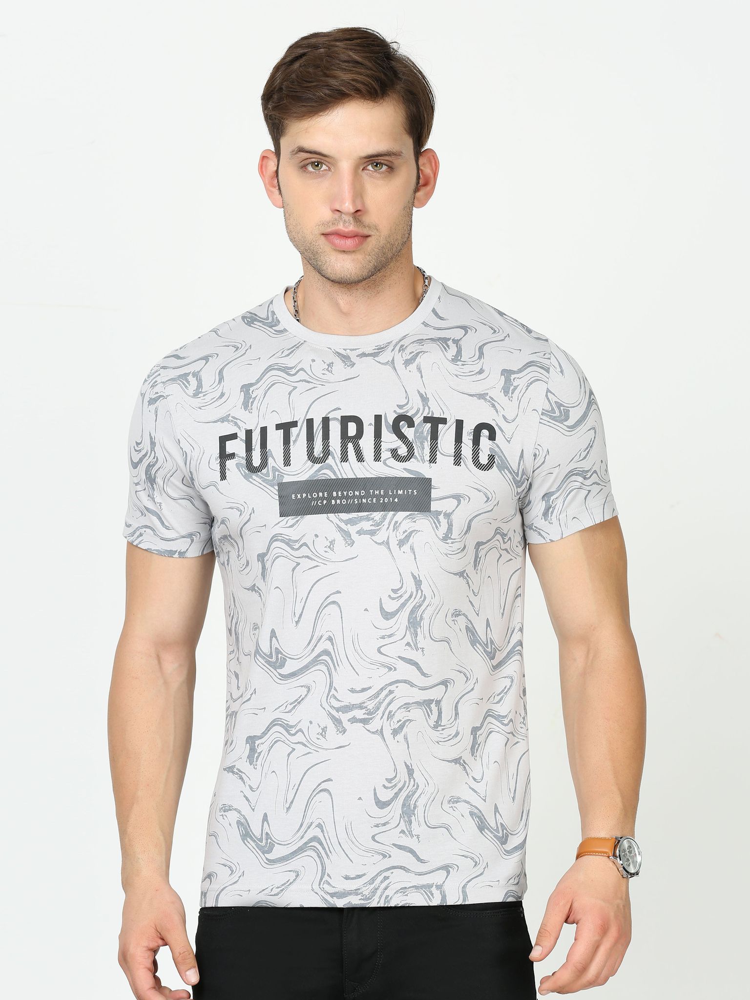 Classic Polo Mens Cotton Half Sleeves Floral Slim Fit Crew Neck Cream Color T-Shirt | Brcn - 557 B Sf C