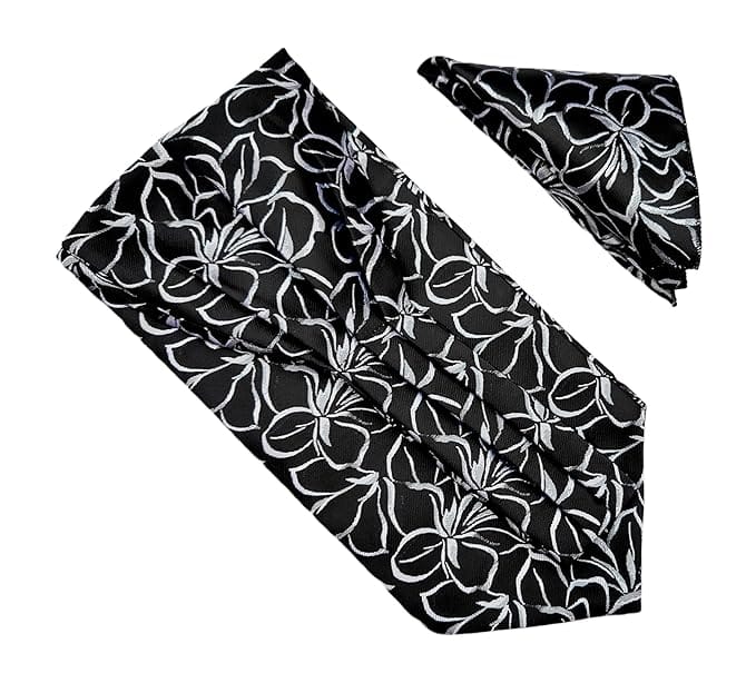 VOICI France Men's Self-Design Cravat Ascot NeckTie for Men Free Size Microfiber Fabric-Black & Silver Grey Flower