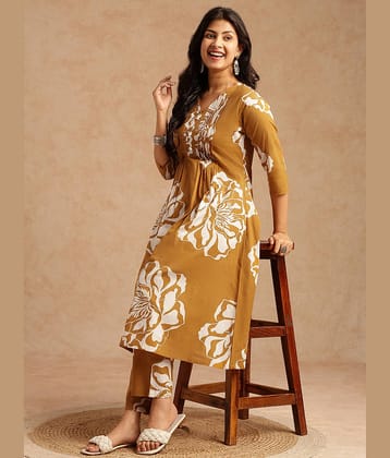 Vbuyz Women Cotton Printed A-Line Kurti With Pants ( Yellow )