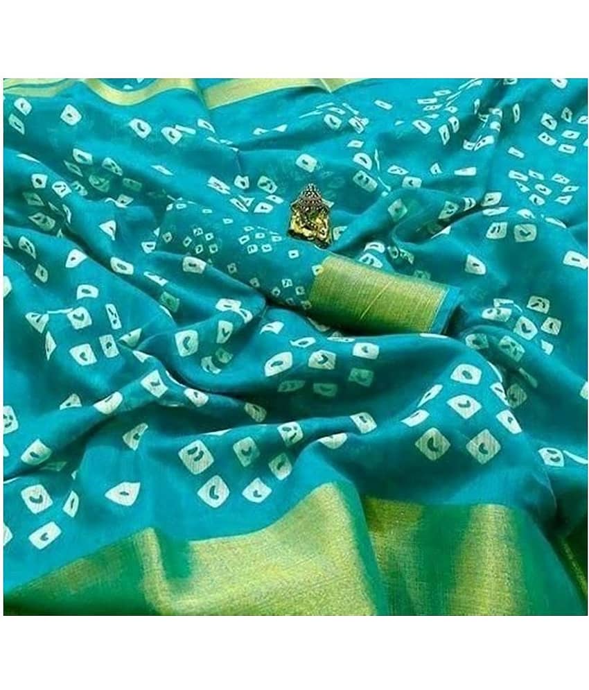 Grubstaker Cotton Printed Saree With Unstitched Blouse Piece ( LightBLue )