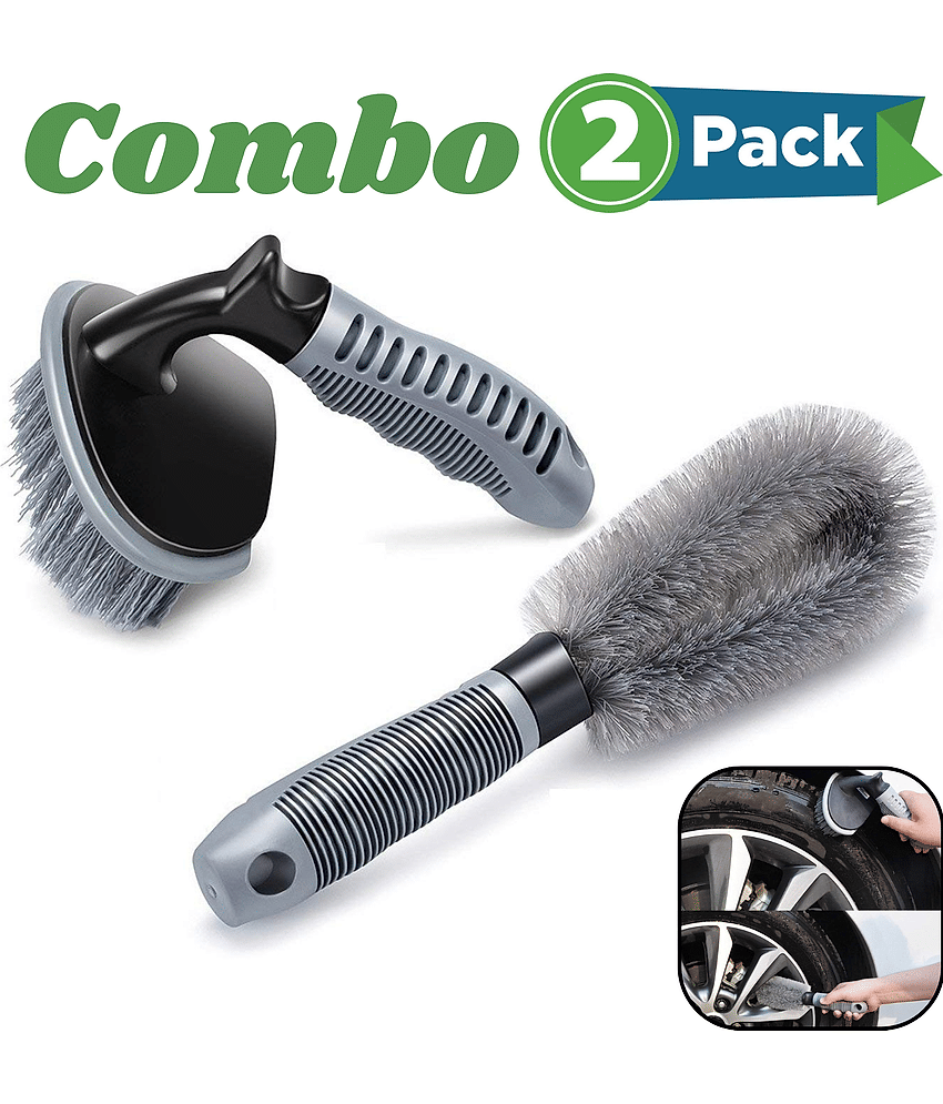 Aksmit Rubber Tire Cleaning Brush - 2 Pcs for Car Wheel Hub, Rim Scrub - Useful Tool for Car, Truck, Motorcycle, Bike Washing