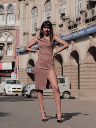 Shimmer One Shoulder Slit Dress-XS / BEIGE