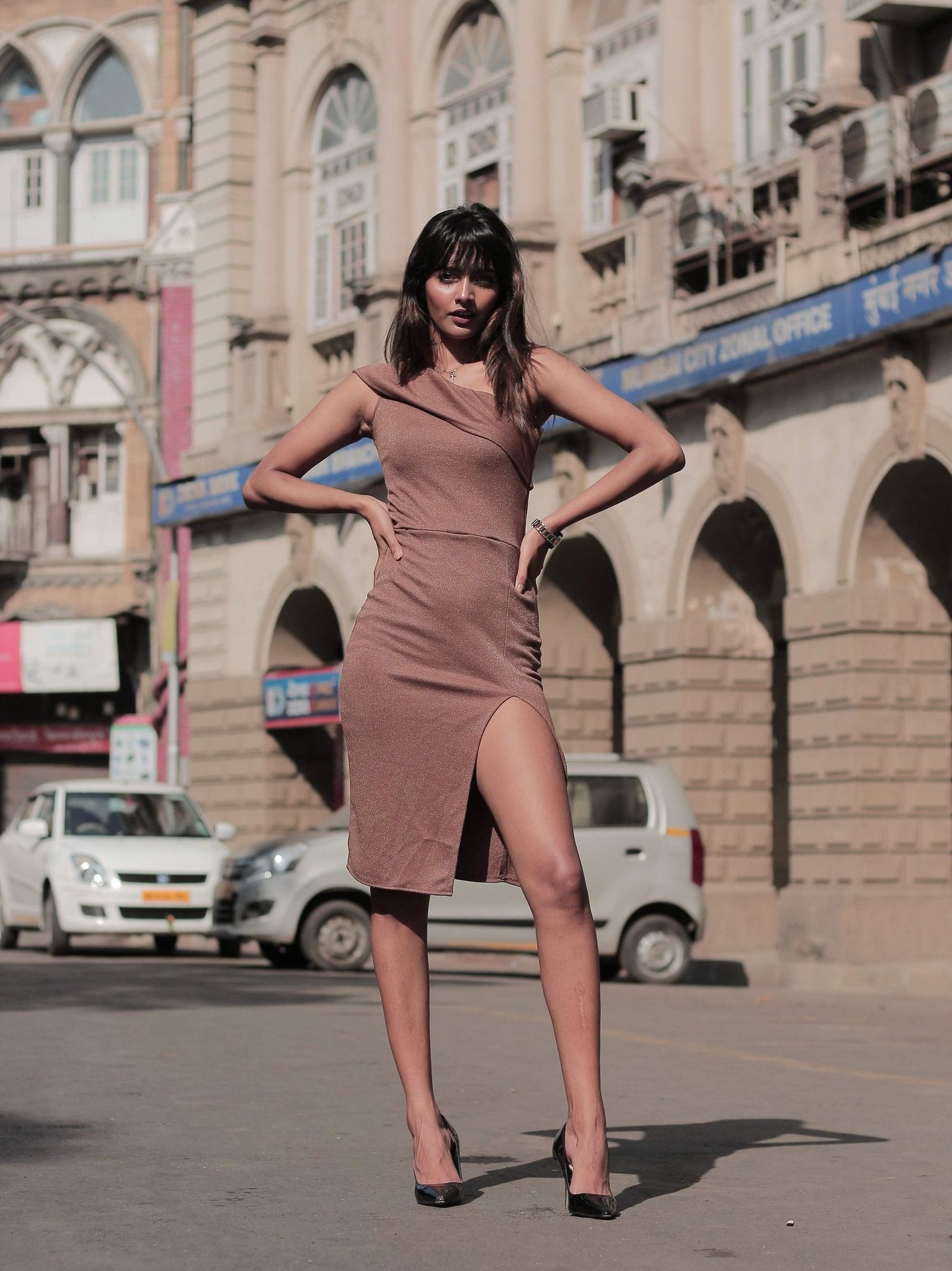 Shimmer One Shoulder Slit Dress-XS / BEIGE
