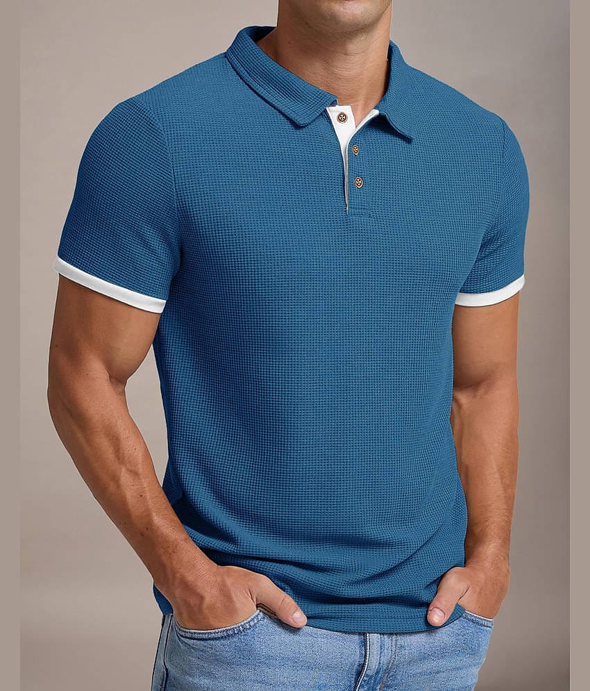 Eyebogler Men Cotton Blend Regular Fit Solid Polo T Shirt ( Blue )