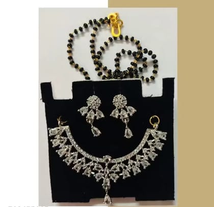Kozykit New Fancy Latest AD Mangalsutra Set | Silver Plated Zircon Mangalsutra with Black Golden Chain & Matching Earrings | Stylish Mangalsutra Jewellery for Women