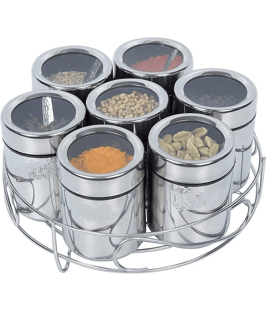 Visaxmi 7 Masala Box Stand Steel Silver Spice Container ( Set of 7 )
