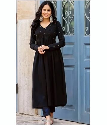 ETZIN Women Rayon Embroidered A-line Kurti With Pants ( Black )