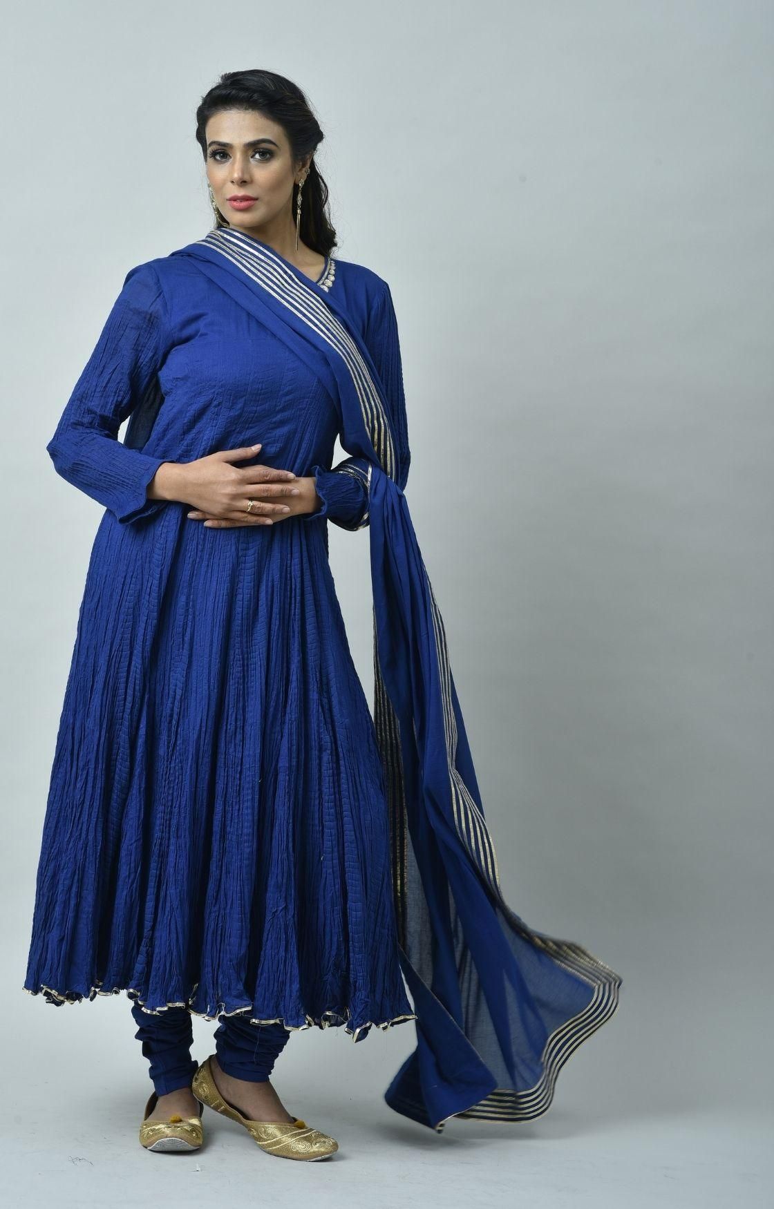 Royal Blue Tie Dye Crinkled Kurta Set-S