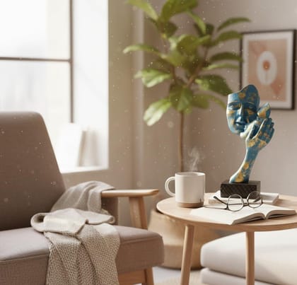 Modern Abstract Face Mask Sculpture – Blue and Gold Polyresin Art Statue for Desk, Shelf, or Entryway – Conceptual Home Décor Accent on Black Base
