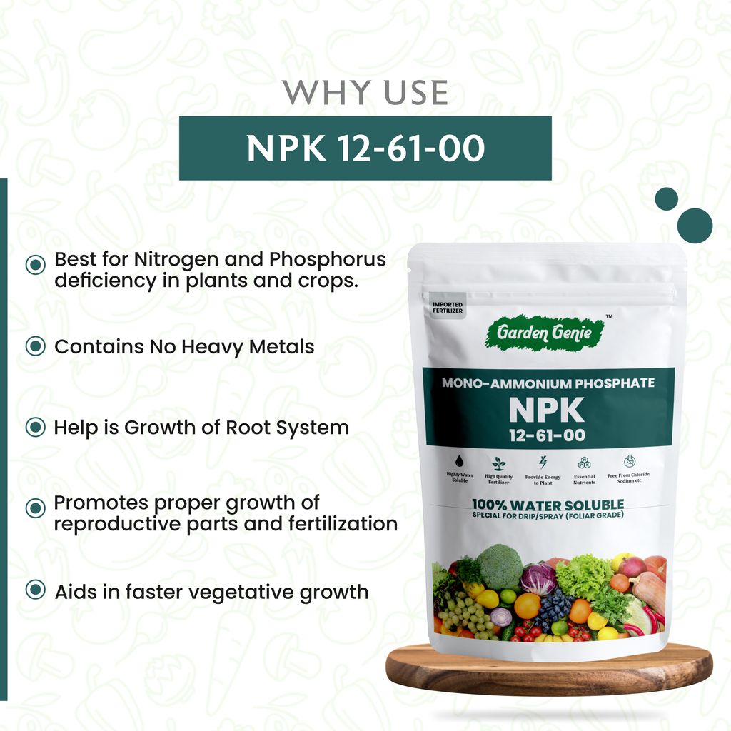 Garden Genie MAP (Mono Ammonium Phosphate) NPK 12 61 00 Fertilizers for Plants 380 Gm | Water Soluble Plant Growth Promoter | Foliar Spray Application