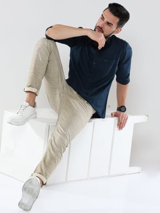 Men's Navy Blue Solid Slim Fit Stretchable Shirt | Rick Rogue-M/38