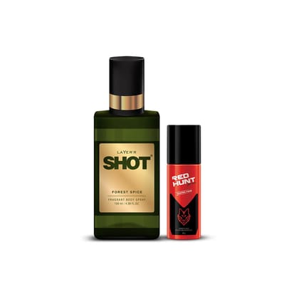 Layer'r Shot Fragrant Body Spray For Men- Pack of 2 | Forest Spice (130ml) & Red Hunt Shaving Foam (50ml) | Long-Lasting & Skin-Friendly Premium Fragrance | Perfect For all occasions | For Men