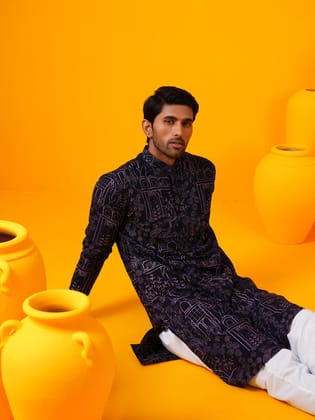 Men's Cotton Silk Kantha Thread Embroidered Violet Kurta with White Pyjama-36