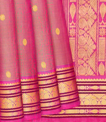 Hot Pink Handloom Kanchipuram Silk Saree With Stripes & Buttas-Hot Pink-Hot Pink