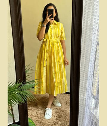 Femvy Women Cotton Blend Striped A-line Dress ( Yellow )