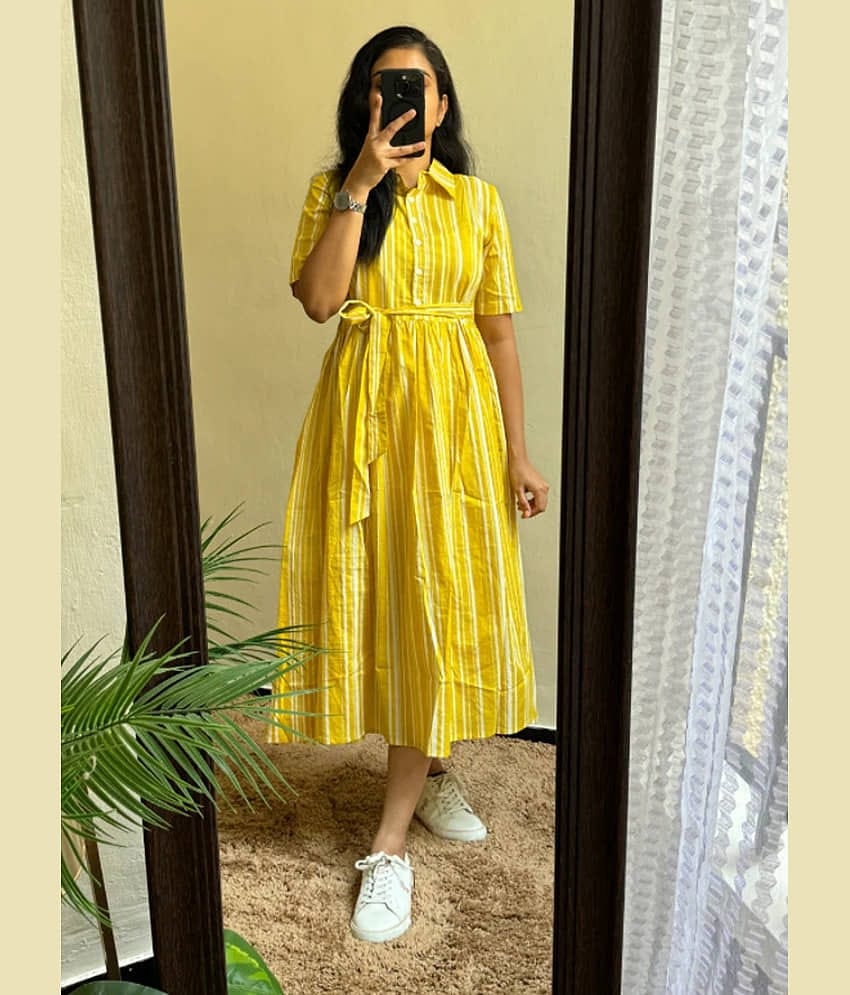 Femvy Women Cotton Blend Striped A-line Dress ( Yellow )