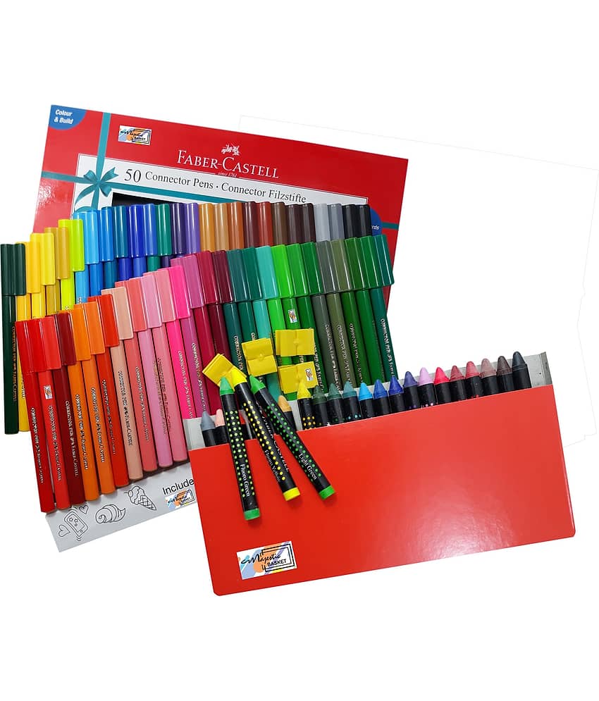 Faber-Castell 50 Shades Connector Sketch Pen With 4 Greeting Card Alonwith 24 Wax Crayons