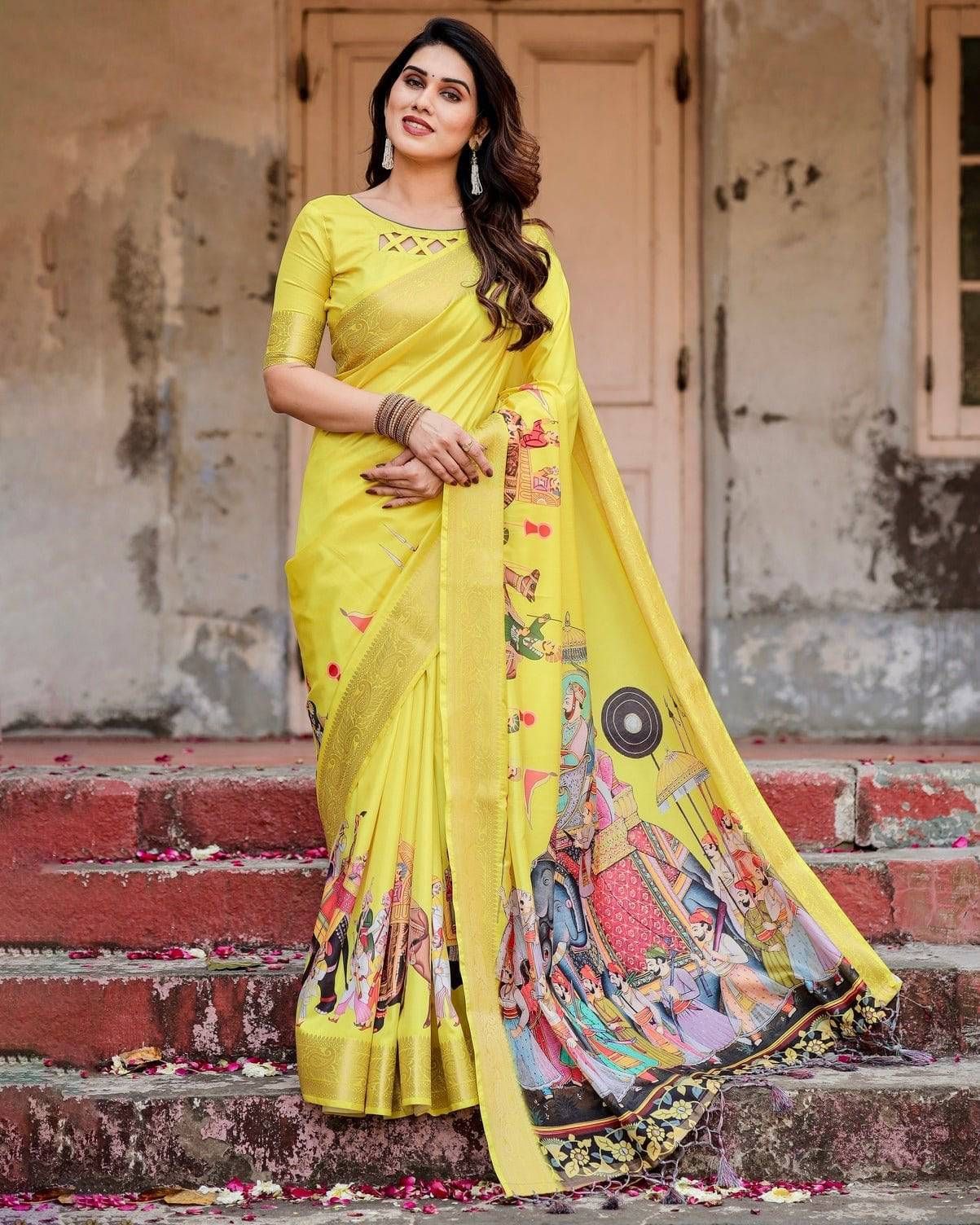 Vibrant Yellow Tussar Silk Saree with Royal Procession Pallu and Zari Accents-Regular