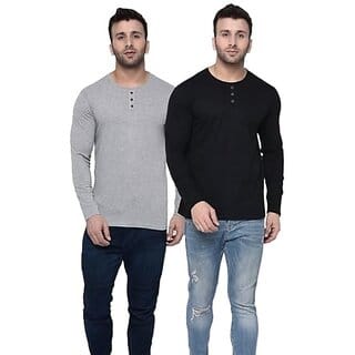 (Pack of 2) Henley Neck Long Sleeve T-Shirts, Black and Grey