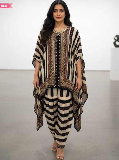 PIRRA DESIGNS Striped Batwing Sleeve Crepe Kaftan Dress