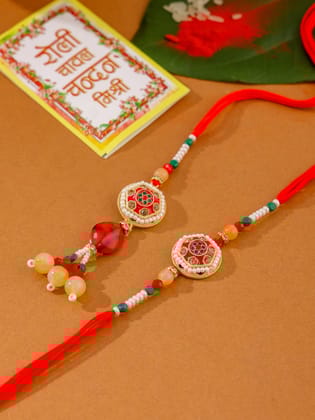 NVR Set of 2 Red Artificial Stones and Beads Bhaiya Bhabhi Rakhi with Roli Chawal Chandan & Mishri-One Size / Red