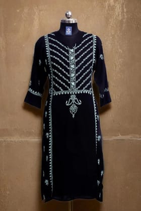Hand-Embroidered Chikankari Rayon Kurti | Black