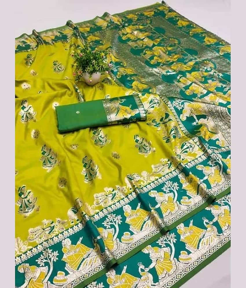 KALIPATRA Art Silk Solid Baluchari Saree With Unstitched Blouse Piece ( Lime Green )