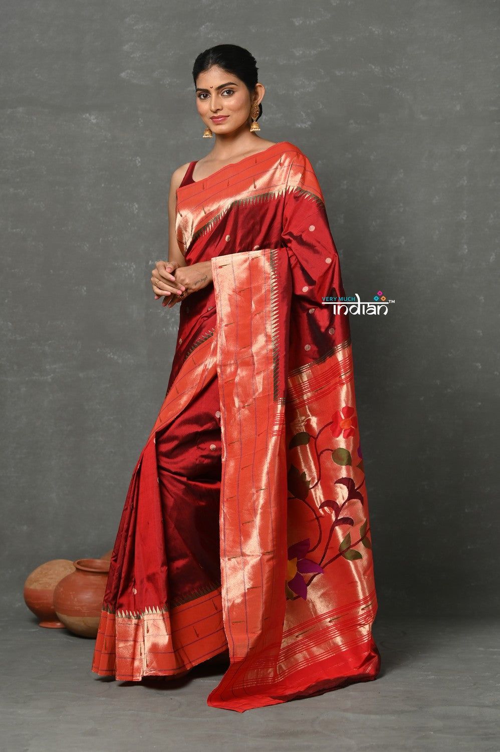 Tyohaar ~ Handloom Pure Silk Triple Muniya Border Paithani Saree with Handcrafted Floral Pallu ~ Maroon