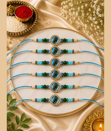Rhosyn Handmade 6 Designer Peacock Feather Rakhis 1 Greeting Card 1 Small Roli, Chawal, Chandan & Mishri Pack Adjustable Rakhi ( Pack of 6 , Blue )